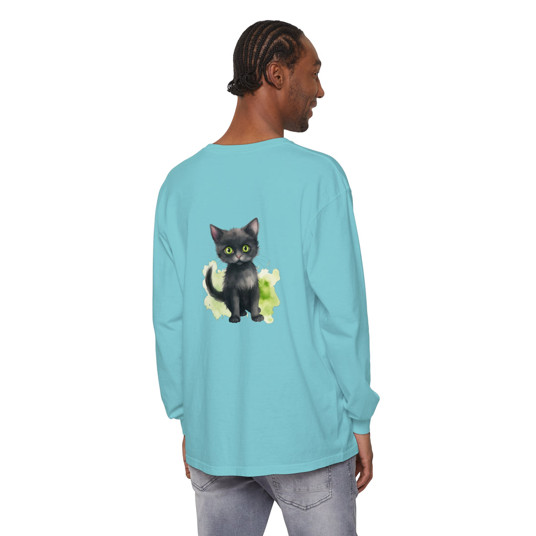 Beautiful black cat watercolor design on a comfortable long sleeve t-shirt