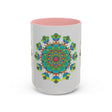 Beautiful grey mug featuring vibrant mandala art in a variety of colors