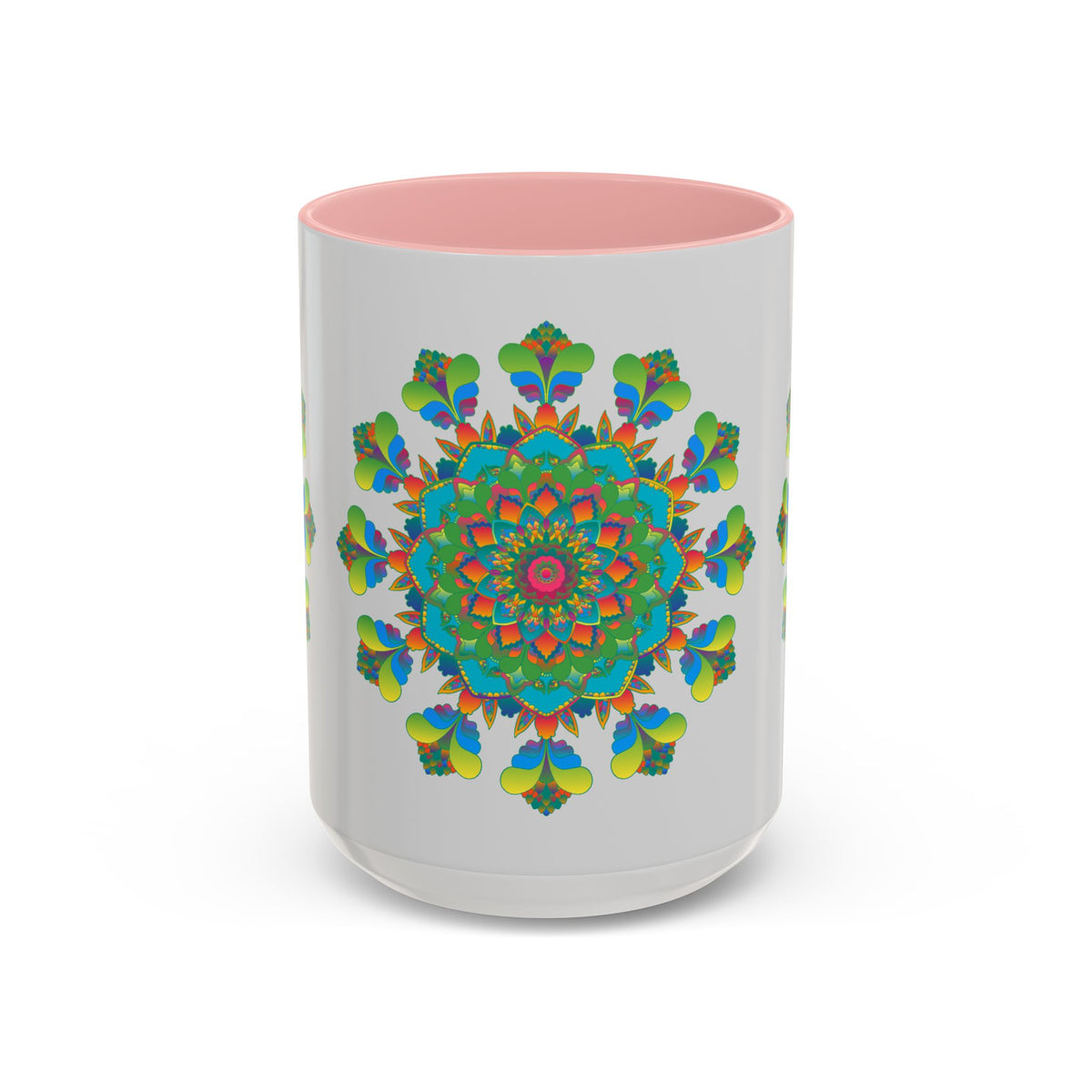 Beautiful grey mug featuring vibrant mandala art in a variety of colors