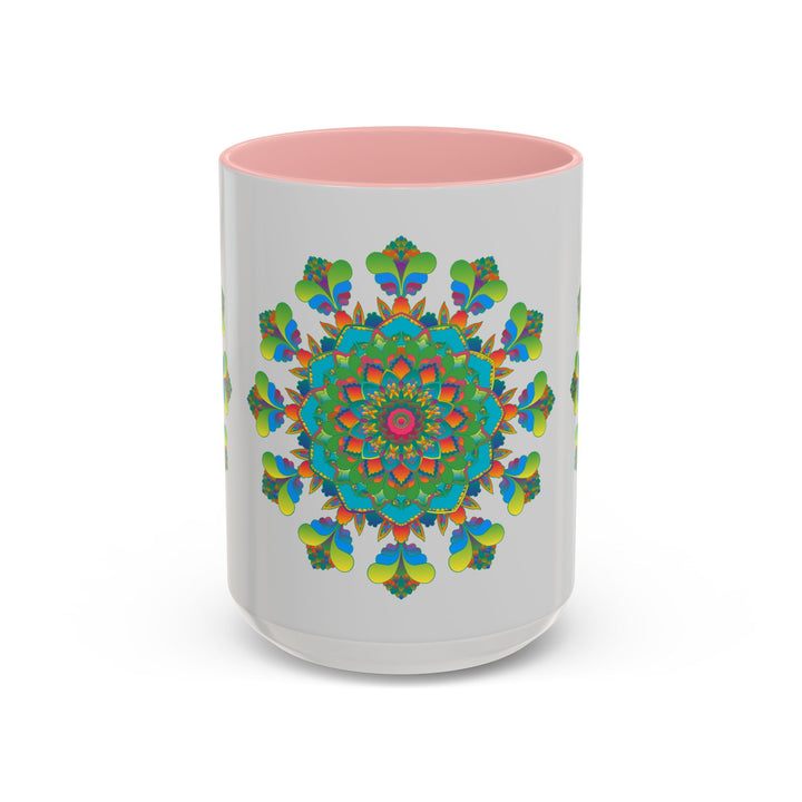 Beautiful grey mug featuring vibrant mandala art in a variety of colors