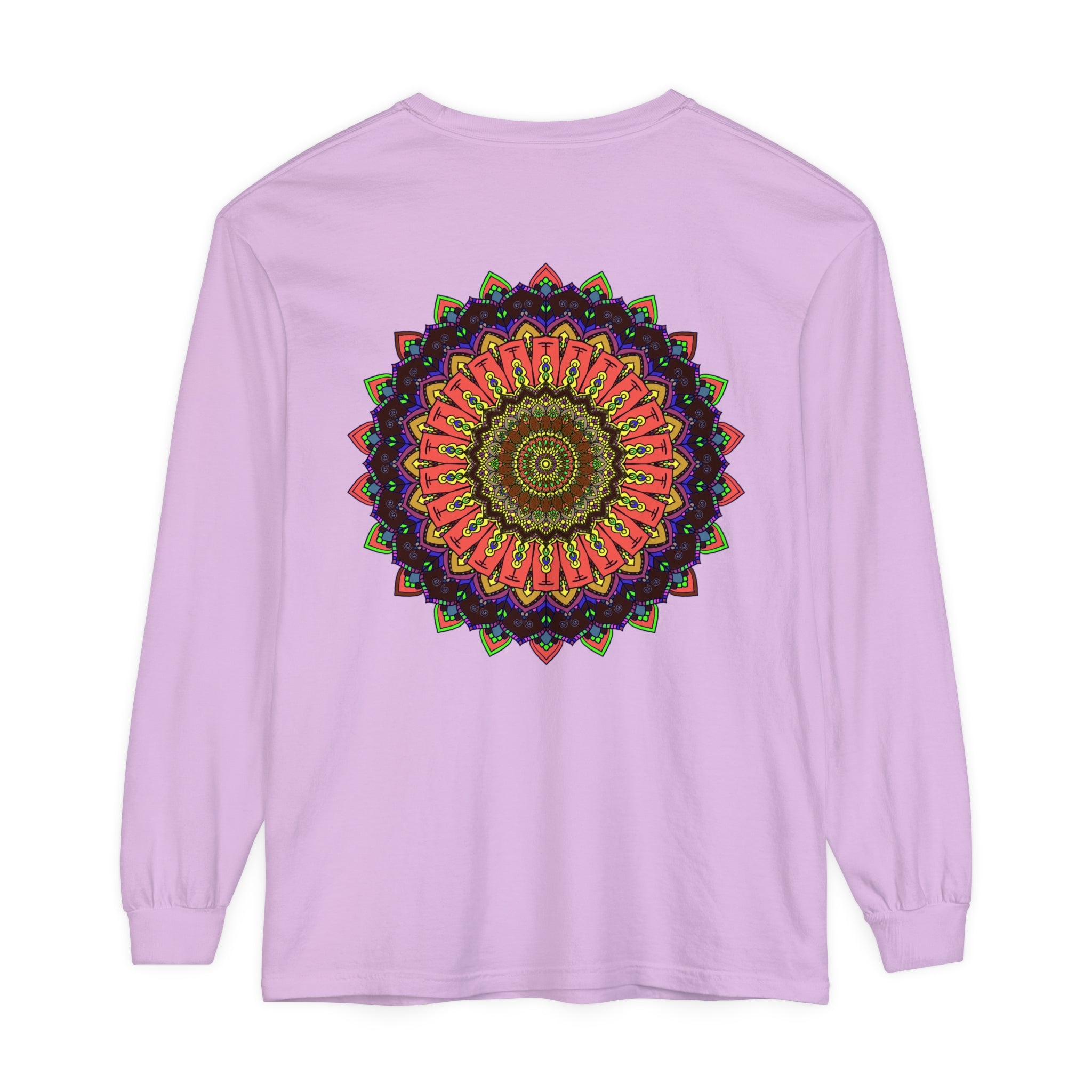 A colorful and intricate mandala design long sleeve t-shirt for women