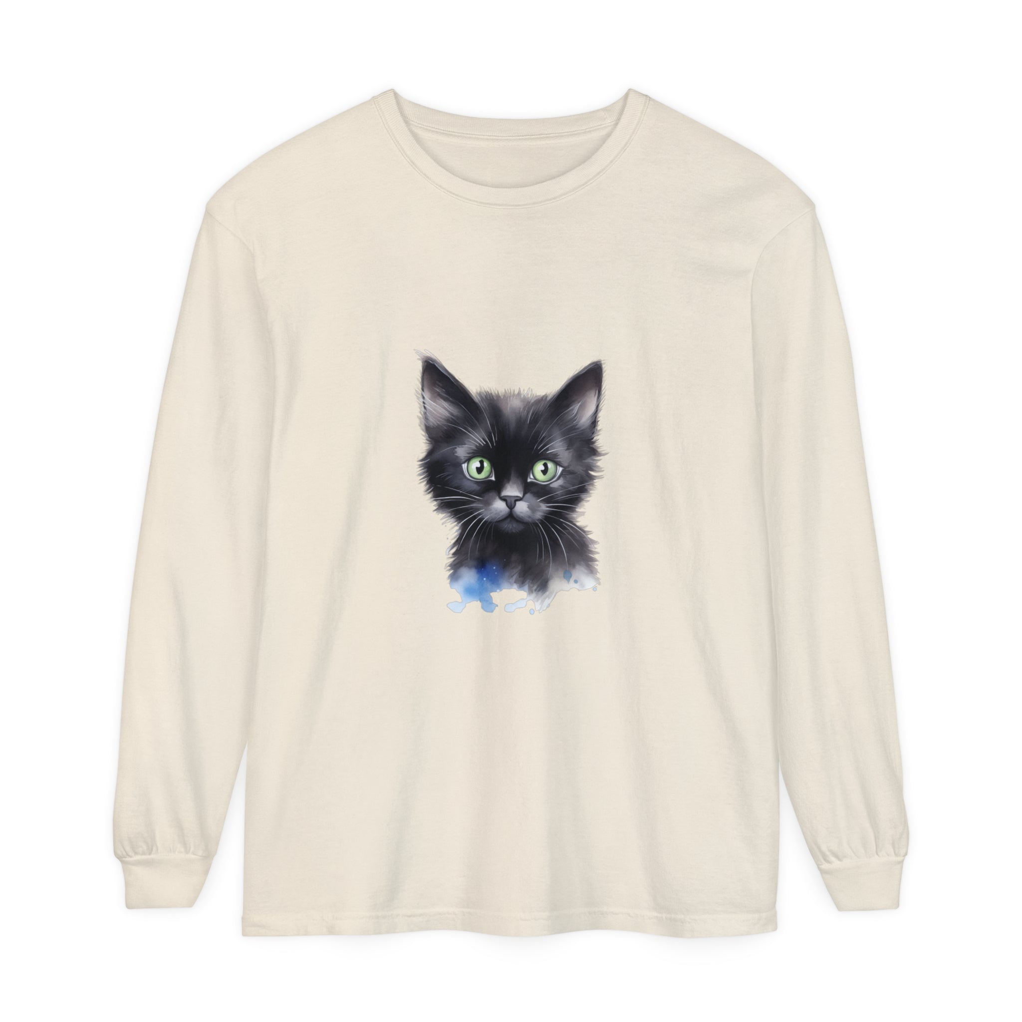 Watercolor-style unisex black cat t-shirt, featuring vibrant and detailed feline design