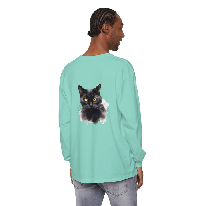  Unisex Long Sleeve Shirt with Detailed Black Cat Portrait