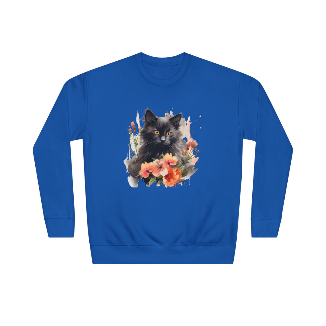 Black Cat and Blossoming Flowers Soft Cotton Sweatshirt