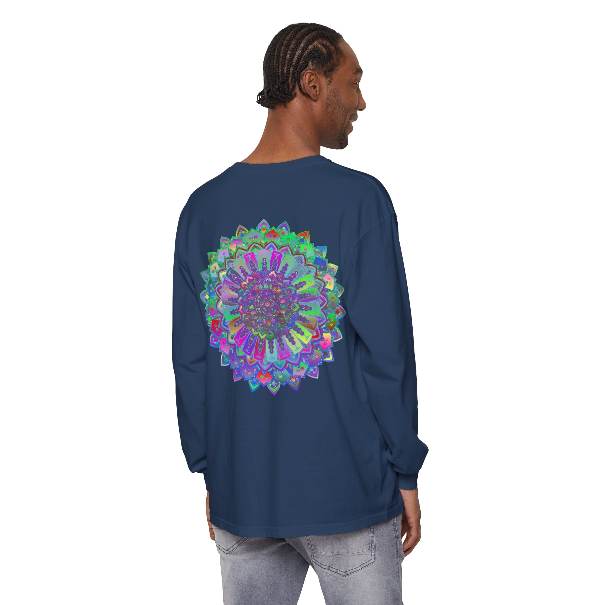 Colorful long sleeve t-shirt with intricate mandala design in vibrant hues