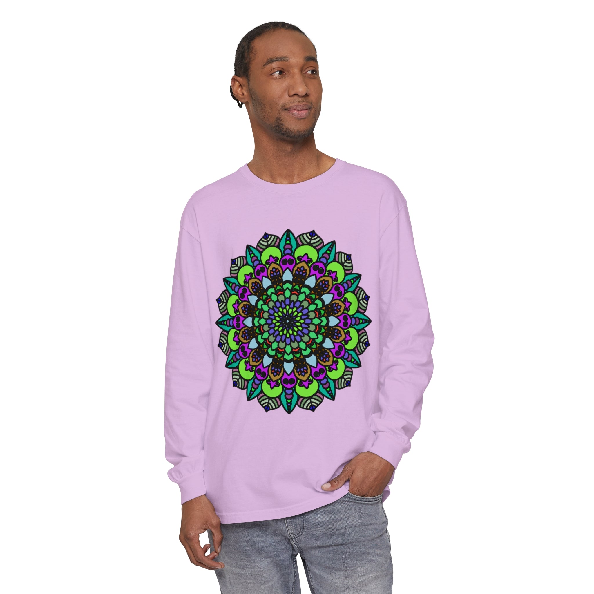 Colorful and intricate psychedelic mandala design on a unisex long sleeve t-shirt