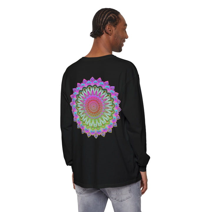 Colorful and intricate mandala design printed on a comfortable unisex long sleeve t-shirt