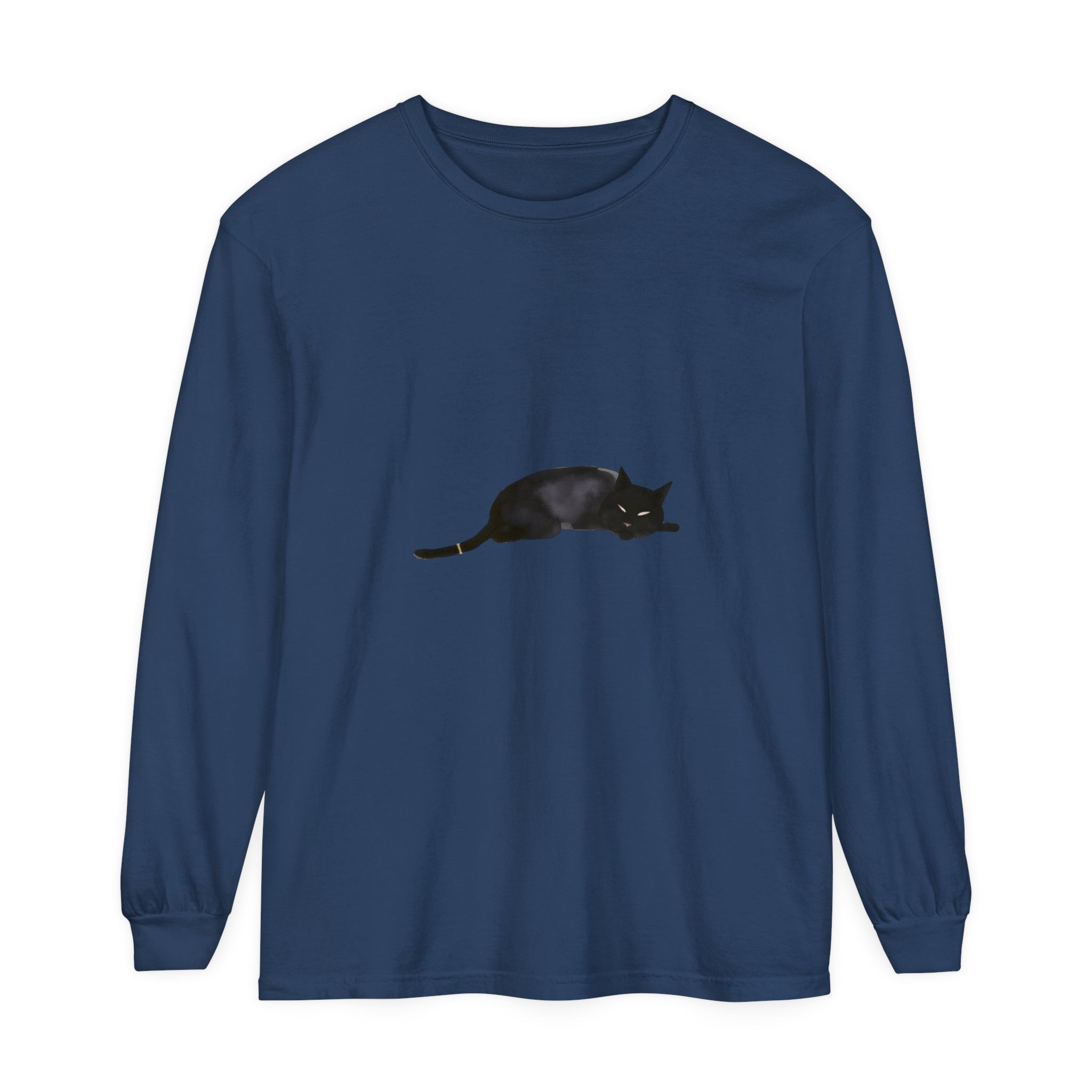 Black cat sleeping peacefully on a unisex long sleeve t-shirt