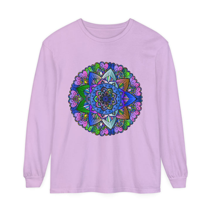 Colorful and intricately designed unisex long sleeve t-shirt with a vibrant mandala pattern