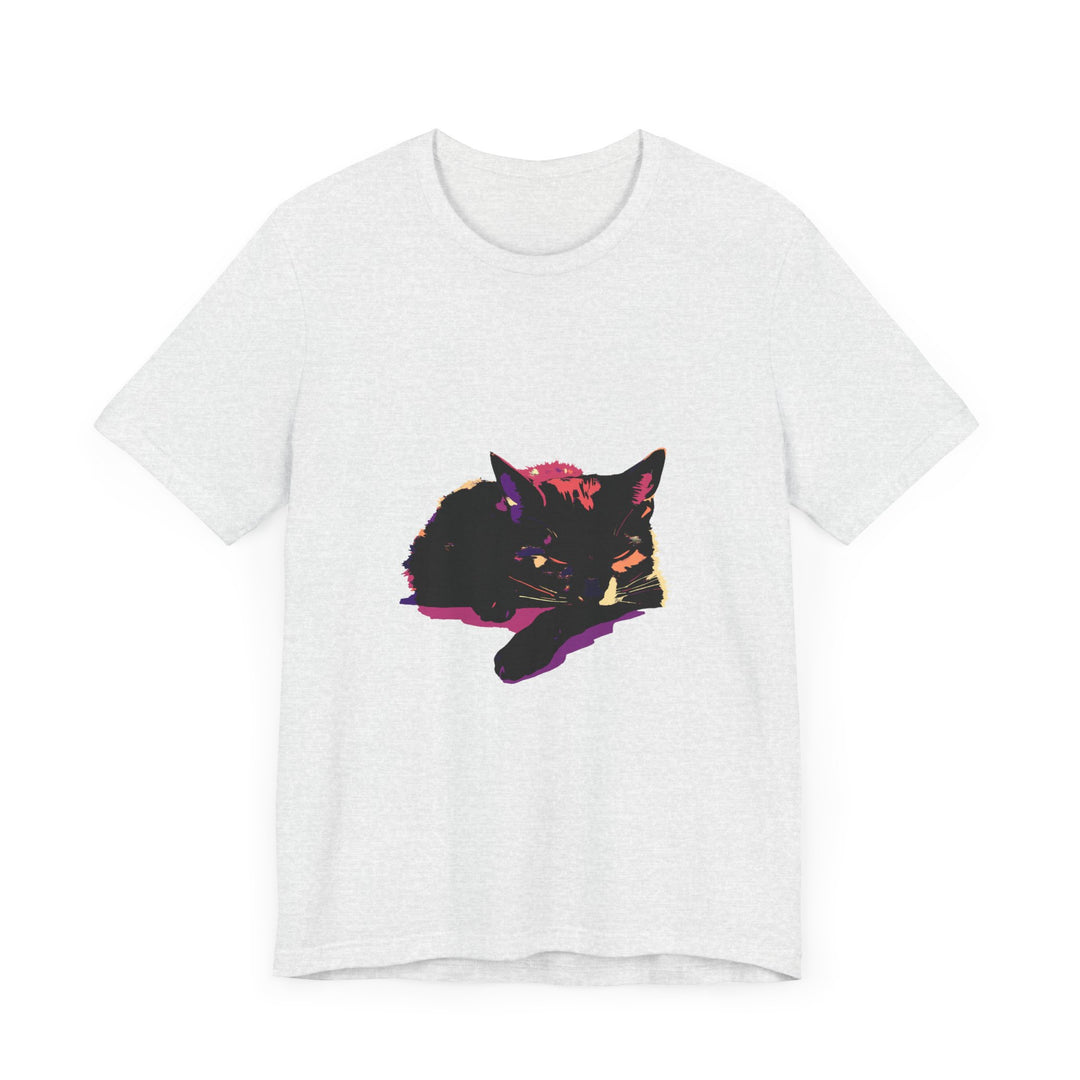 A close-up image of a black cat mystery colorful sleep t-shirt with vibrant hues and a comfortable, relaxed fit, perfect for a cozy night's sleep