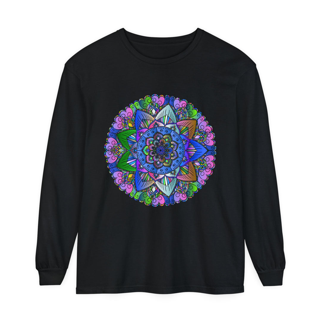 A close-up image of a vibrant mandala design on a unisex long sleeve t-shirt