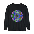 A close-up image of a vibrant mandala design on a unisex long sleeve t-shirt