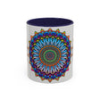 Vibrant mandala mug featuring colorful art on a grey background, perfect for adding a pop of color to your morning coffee routine