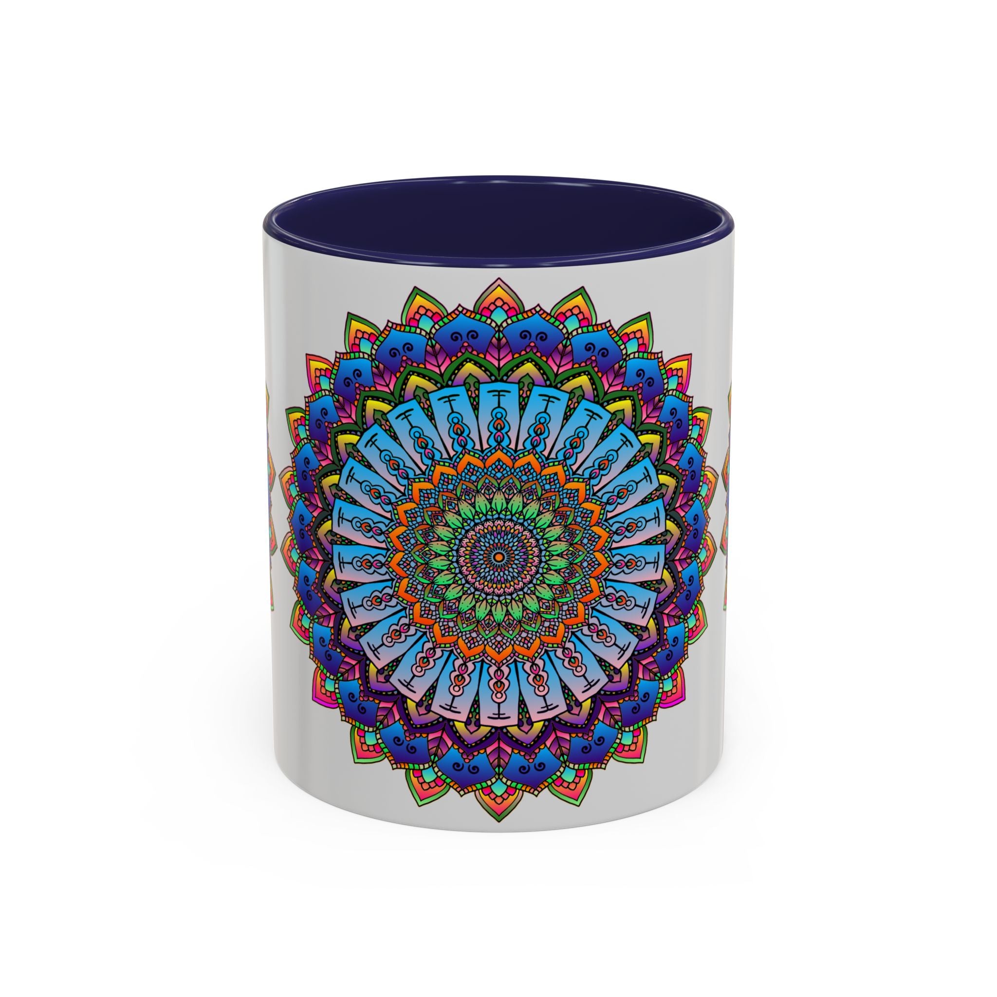 Vibrant mandala mug featuring colorful art on a grey background, perfect for adding a pop of color to your morning coffee routine