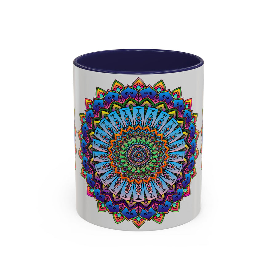 Vibrant mandala mug featuring colorful art on a grey background, perfect for adding a pop of color to your morning coffee routine