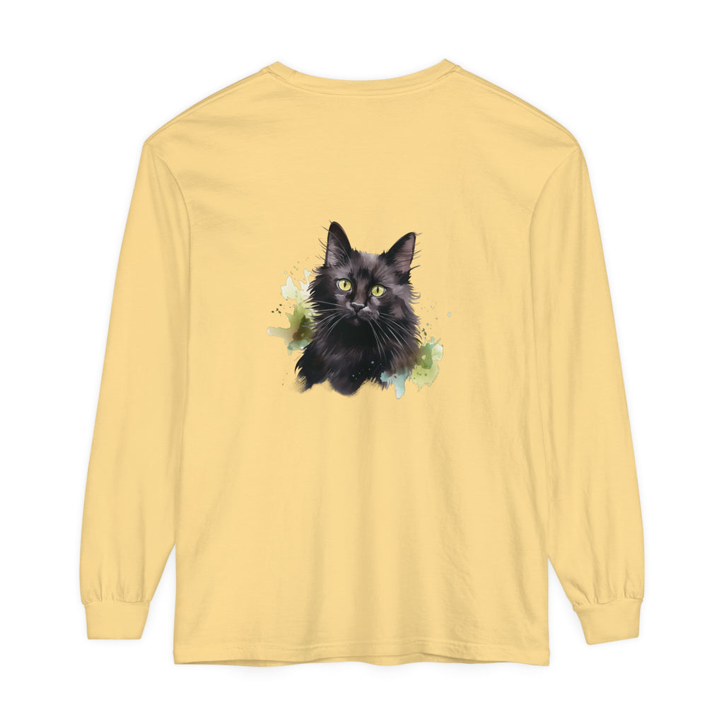 Black Cat Watercolor Splash Long Sleeve T-Shirt, a trendy and stylish fashion choice for cat lovers