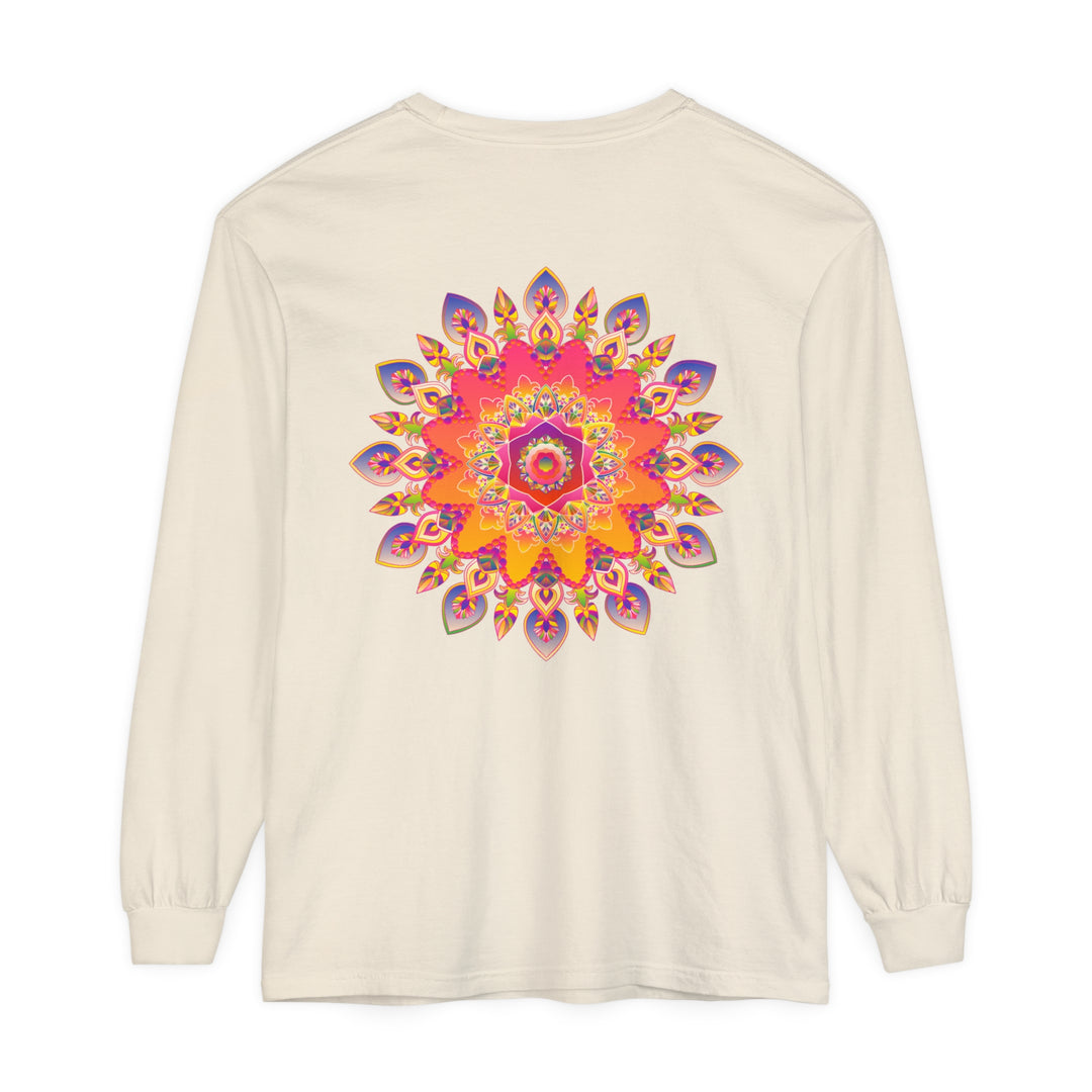 Colorful and intricate mandala design featured on a unisex long sleeve t-shirt