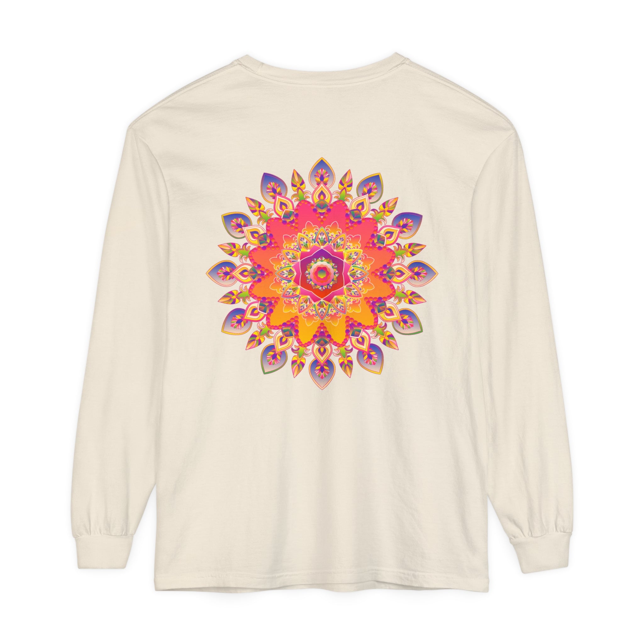 Colorful and intricate mandala design featured on a unisex long sleeve t-shirt