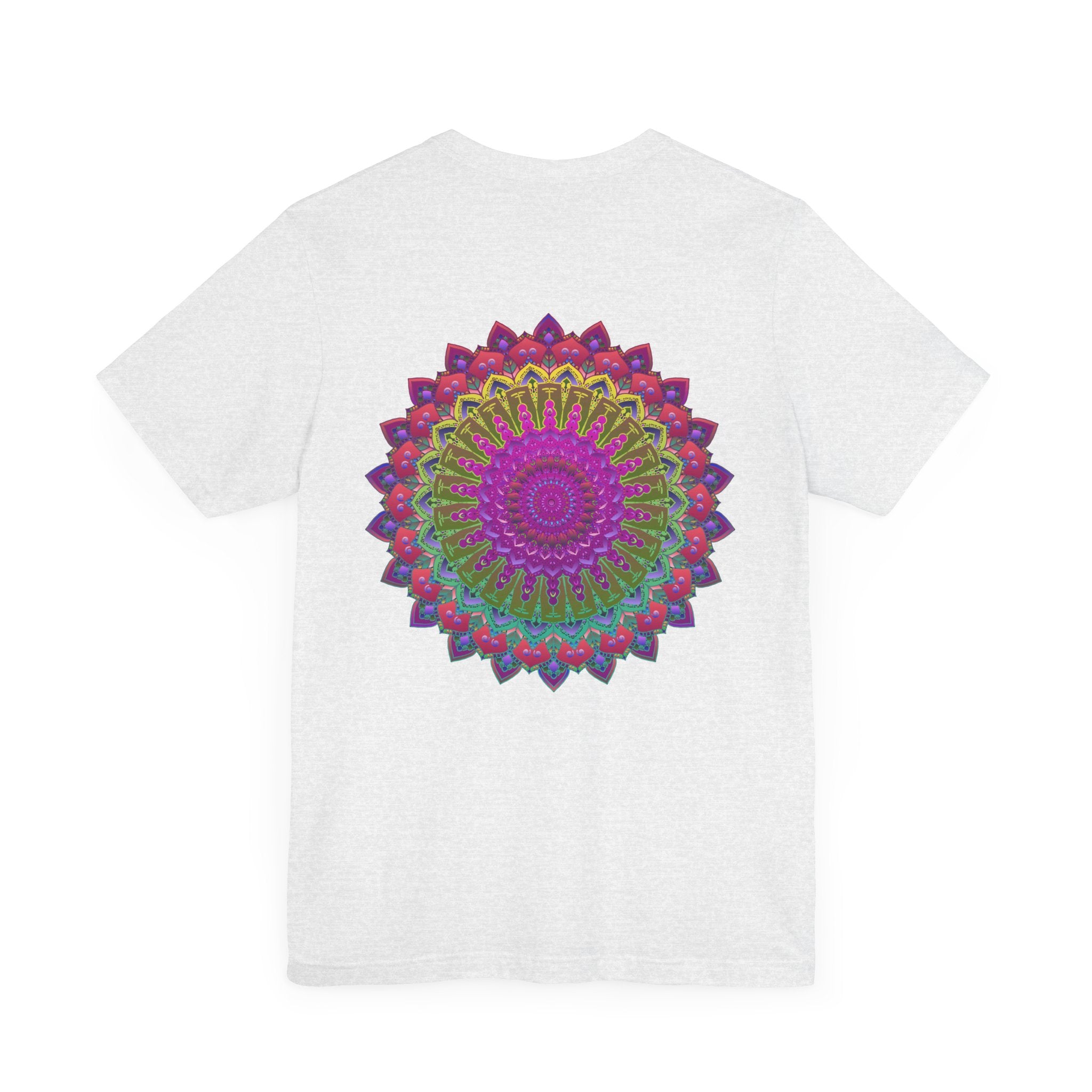 A colorful and vibrant mandala tee shirt featuring spiritual symbols for peace and harmony