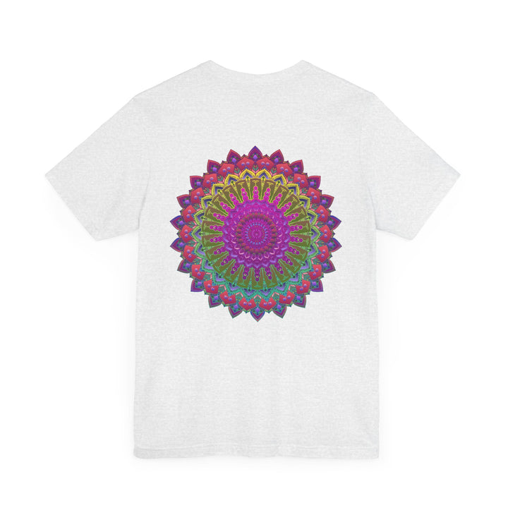 A colorful and vibrant mandala tee shirt featuring spiritual symbols for peace and harmony