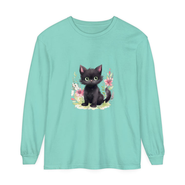 Adorable kitten surrounded by vibrant watercolor flowers on white t-shirt