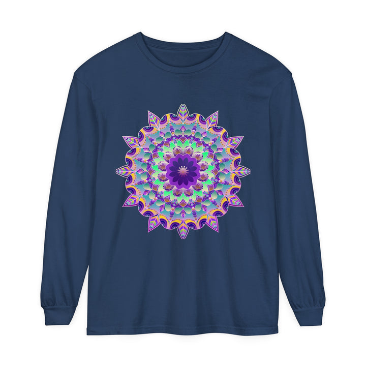 Vibrant and colorful long sleeve t-shirt featuring a mesmerizing psychedelic mandala design