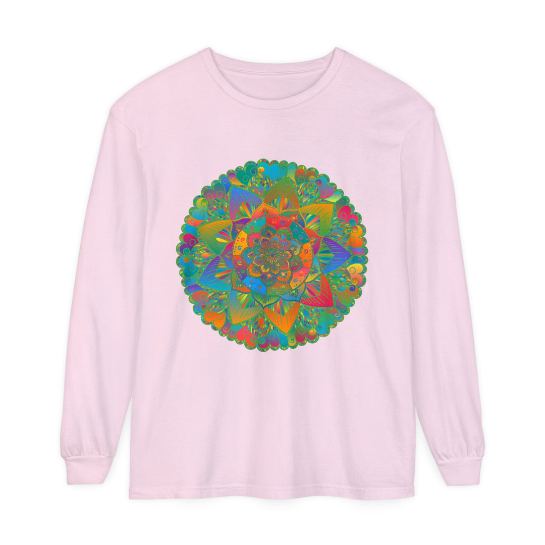 Colorful and intricate mandala design on a unisex long sleeve t-shirt