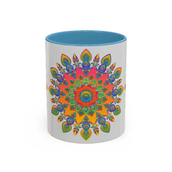 Colorful mandala mug featuring intricate and vibrant art on a grey background