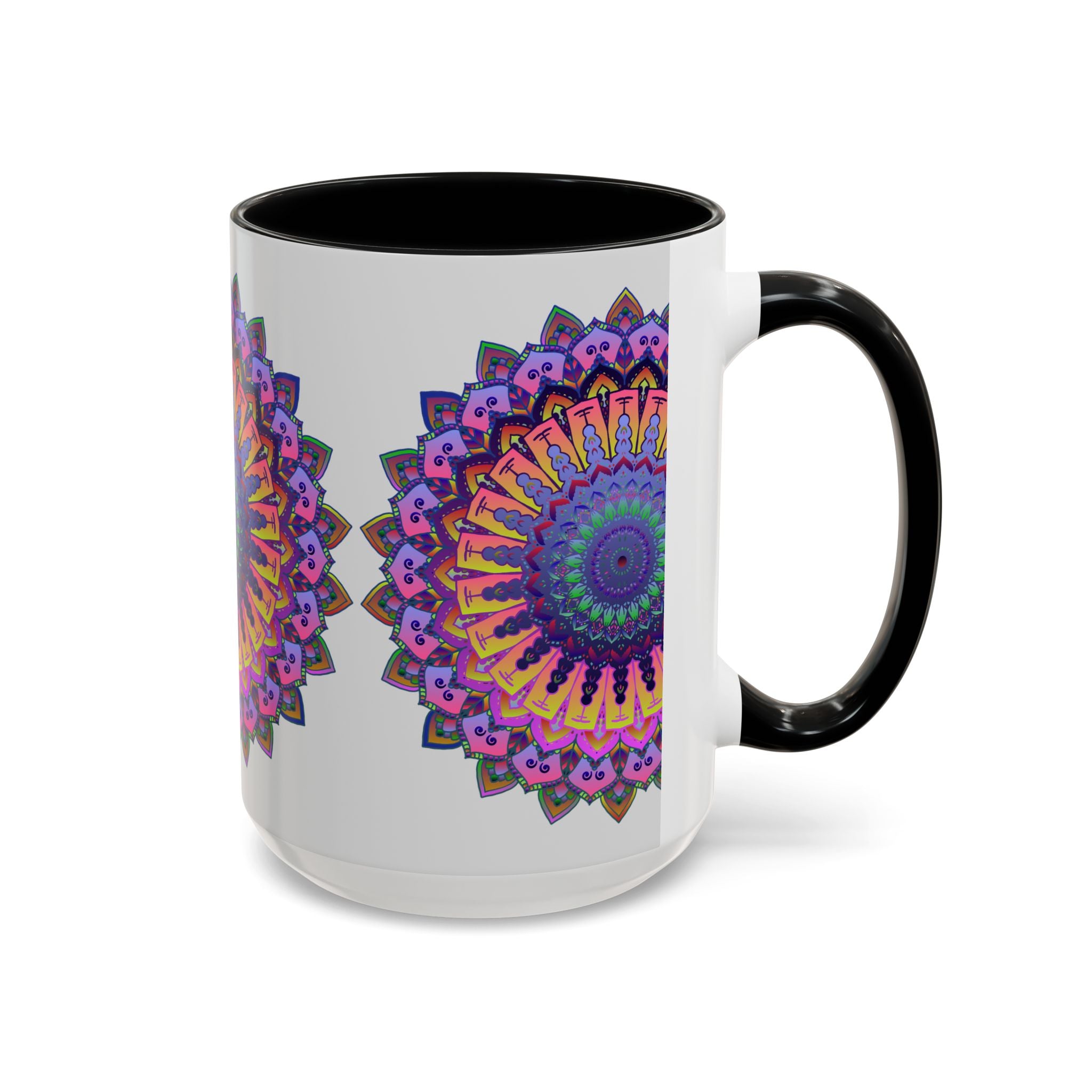 Beautiful mandala mug featuring vibrant and intricate art on a grey background