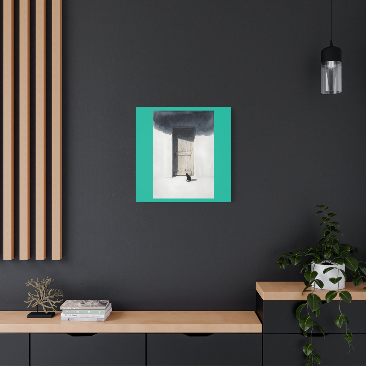 Cat at the Door Matte Canvas Wall Art — Moody Minimalist Cat Illustration