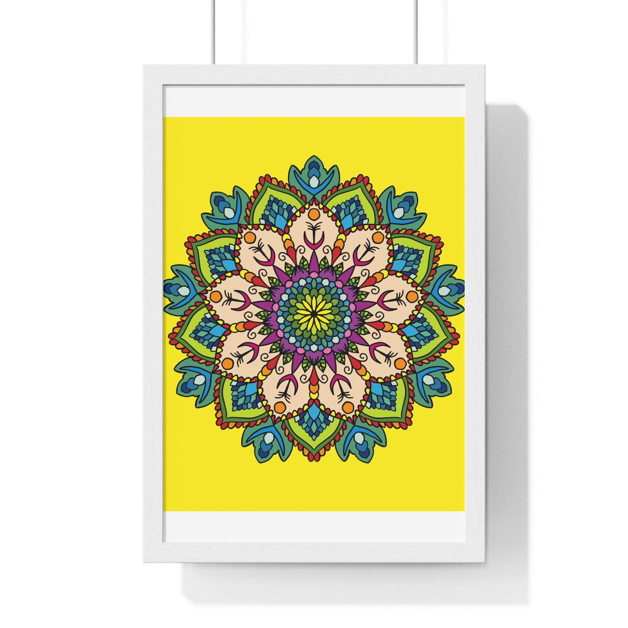 Vertical framed poster with a hand-drawn yellow mandala, perfect for mindfulness and yoga meditation