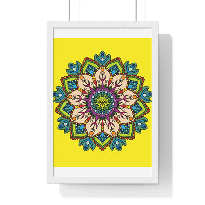 Vertical framed poster with a hand-drawn yellow mandala, perfect for mindfulness and yoga meditation