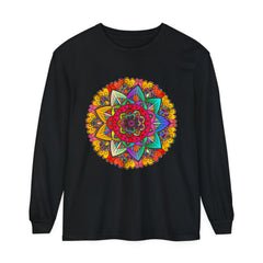 Vibrant Mandala Unisex Long Sleeve T-Shirt featuring a colorful, intricate mandala design