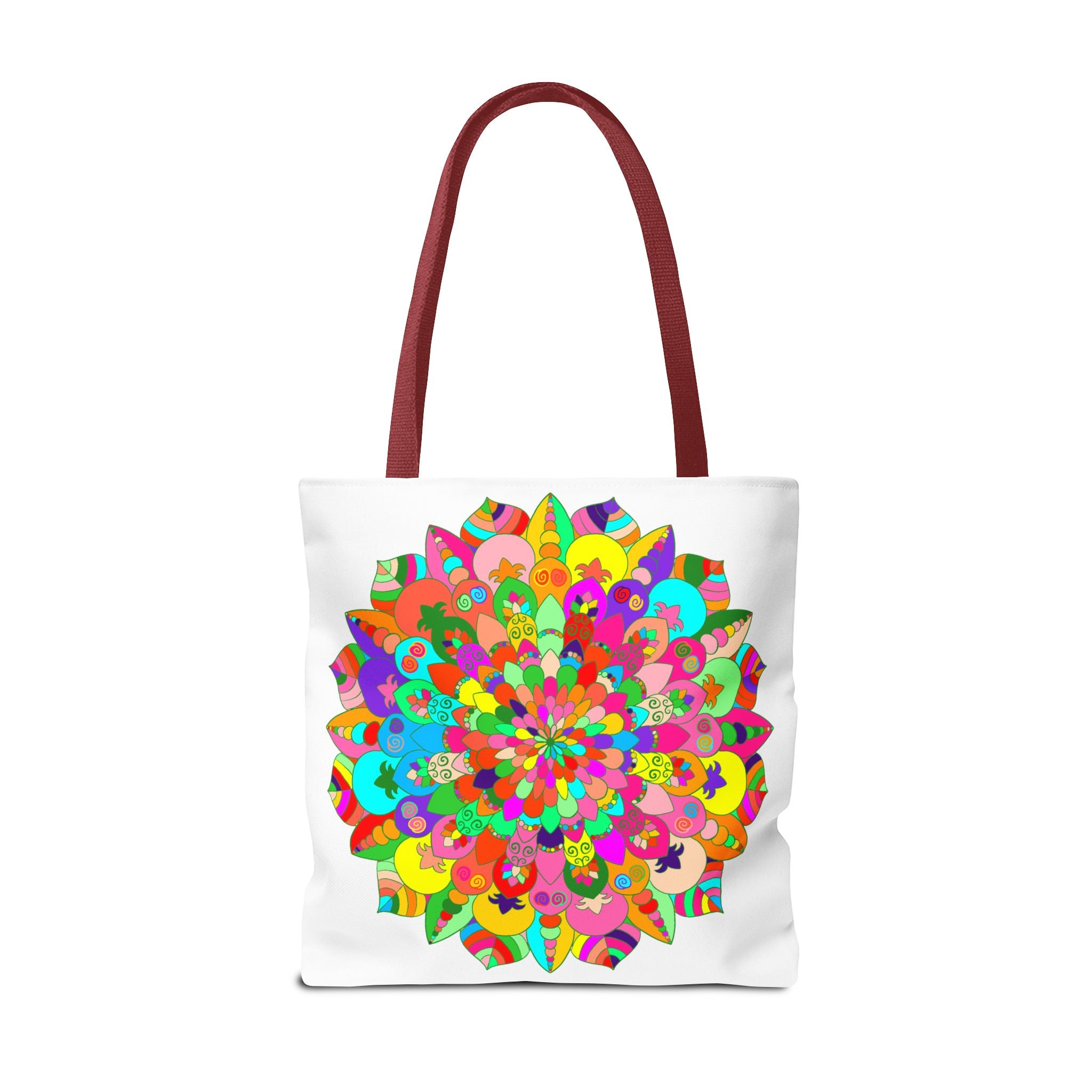 Vibrant and intricate mandala art tote bag with colorful design and spacious interior for versatile use as a stylish and practical accessory