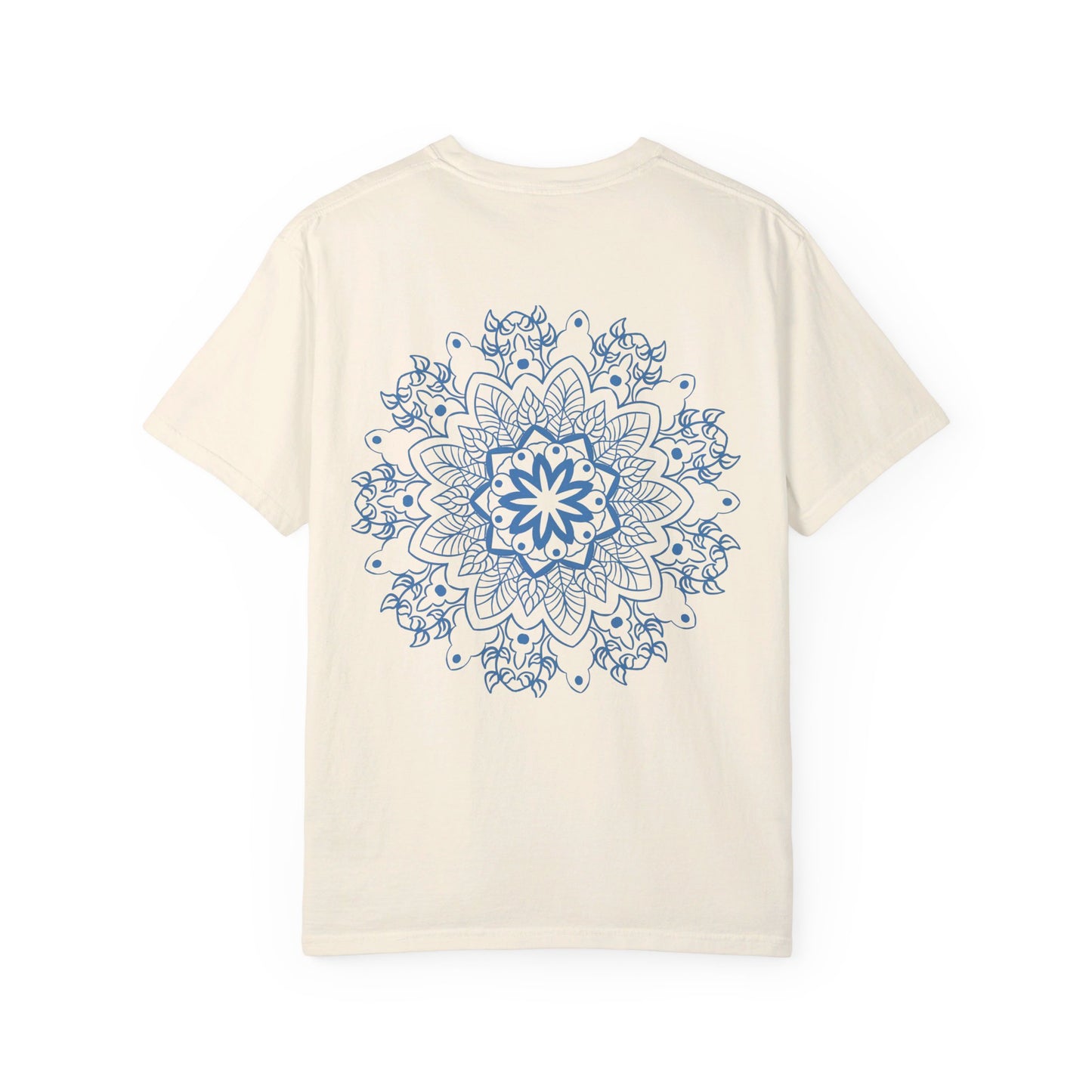 Handmade unisex mandala T-shirt featuring a unique mandala design drawn by hand and garment-dyed for a one-of-a-kind look