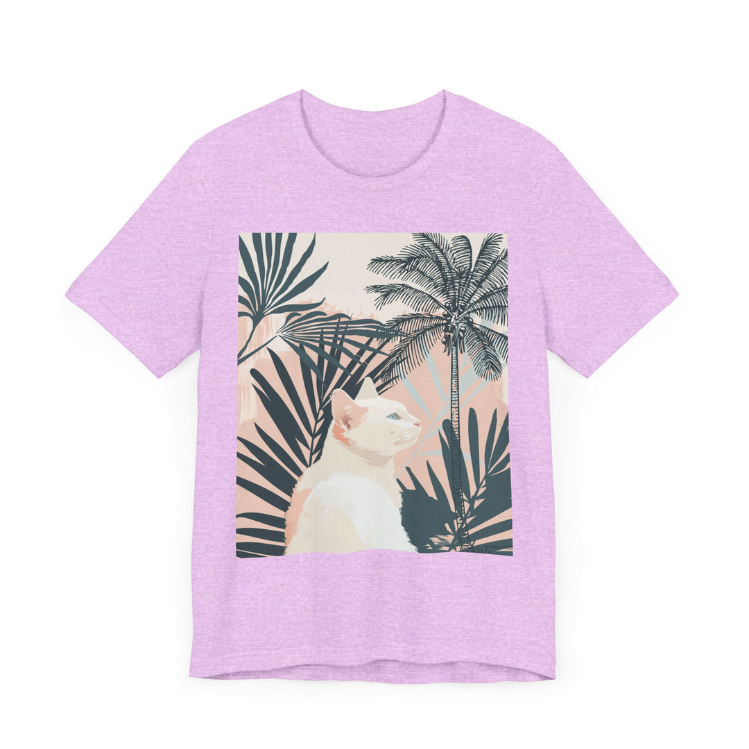 Stylish cat tee featuring a cool palm leaf design