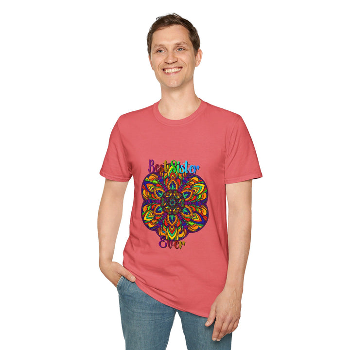 Colorful and intricate mandala art design on a softstyle unisex t-shirt, the perfect gift for a sister, hand-drawn with detailed patterns and vibrant colors