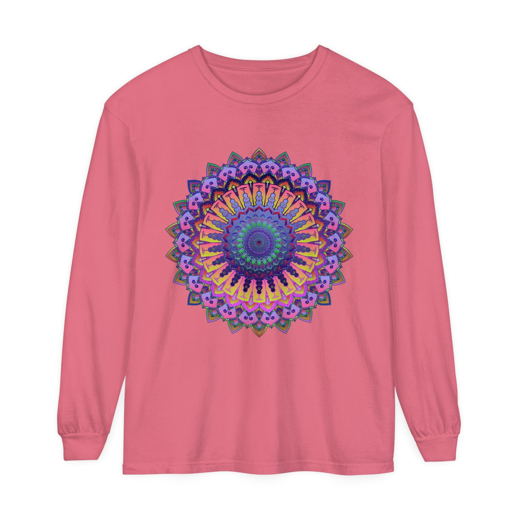 Intricate mandala design in vibrant colors on unisex long sleeve t-shirt