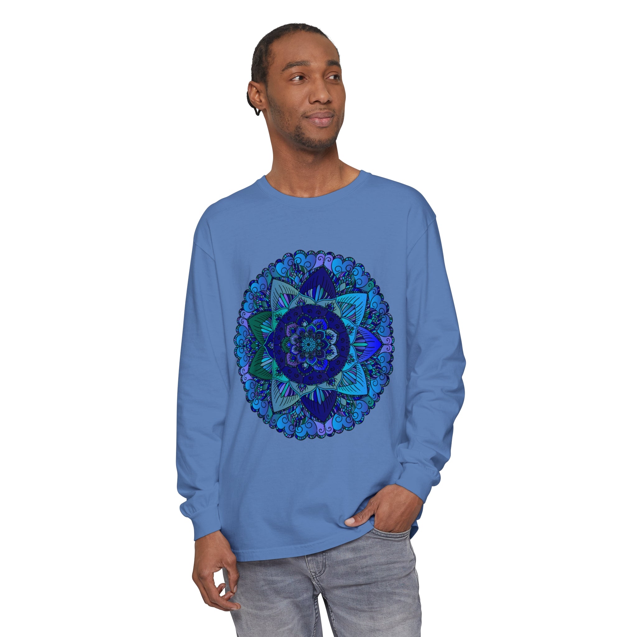 Dark blue and green mandala long sleeve t-shirt with intricate design