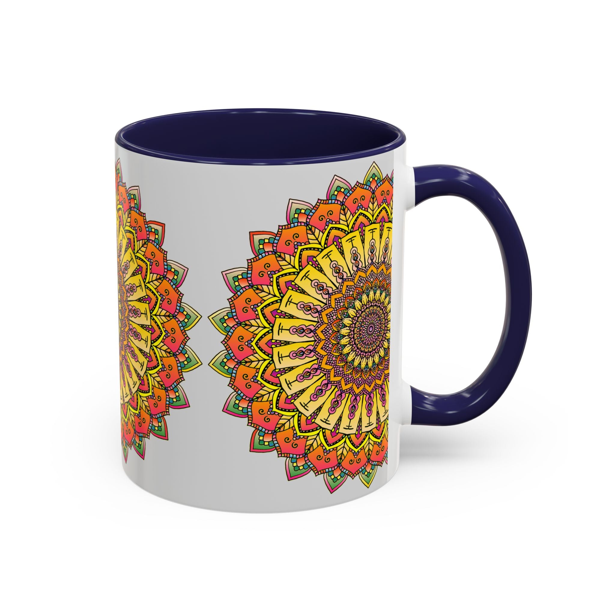 Vibrant mandala mug featuring colorful, intricate art on a grey background