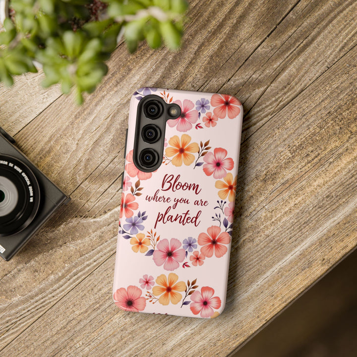 Light pink phone case with flower garland bloom design, perfect for nature lovers and those who appreciate delicate and beautiful accessories