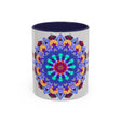 Unique artisan-made mug with a colorful and symmetrical mandala art pattern