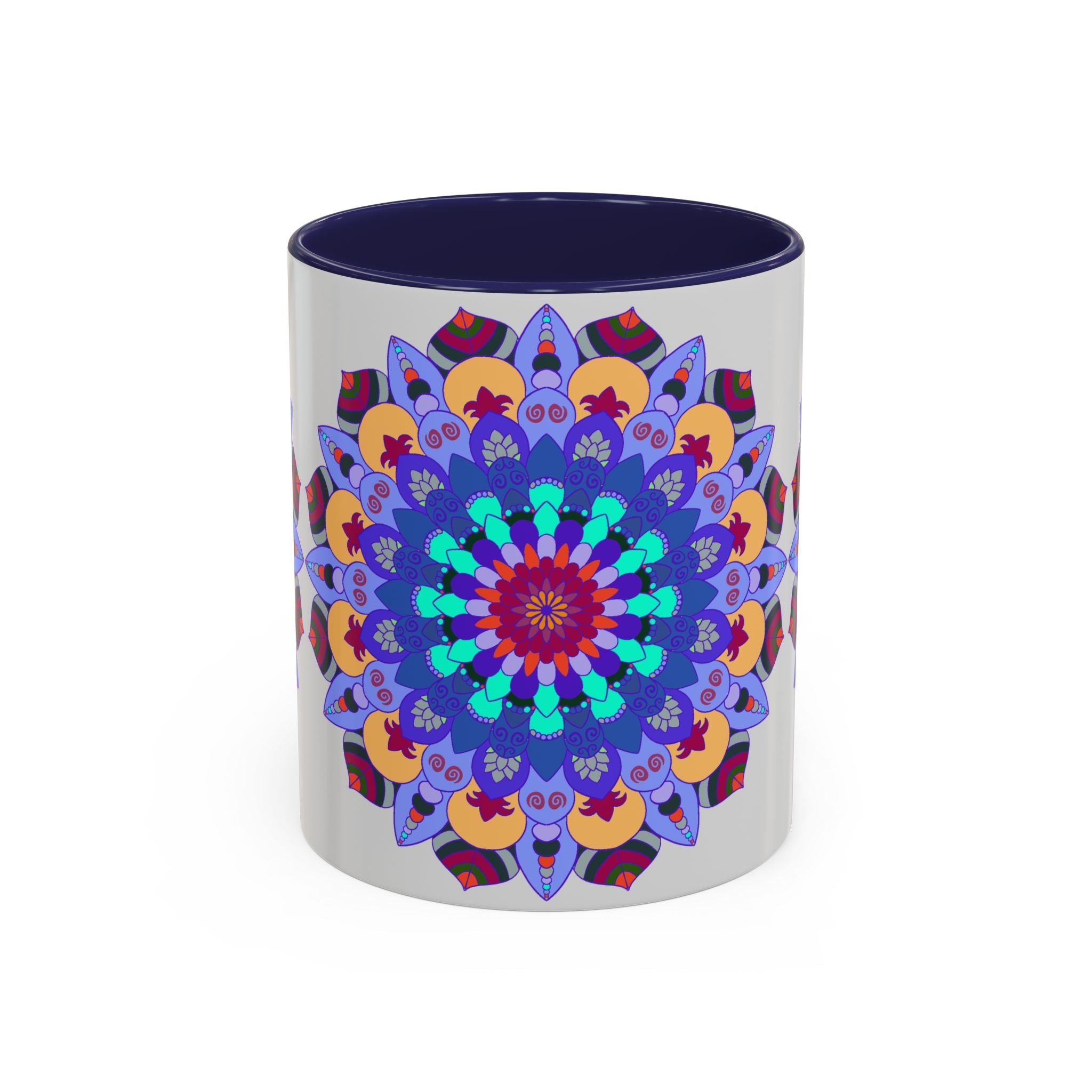 Unique artisan-made mug with a colorful and symmetrical mandala art pattern