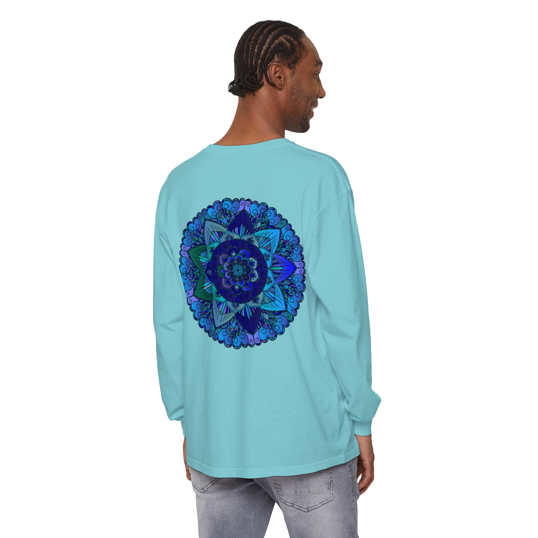 Dark Blue & Green Mandala Long Sleeve T-Shirt featuring intricate mandala design