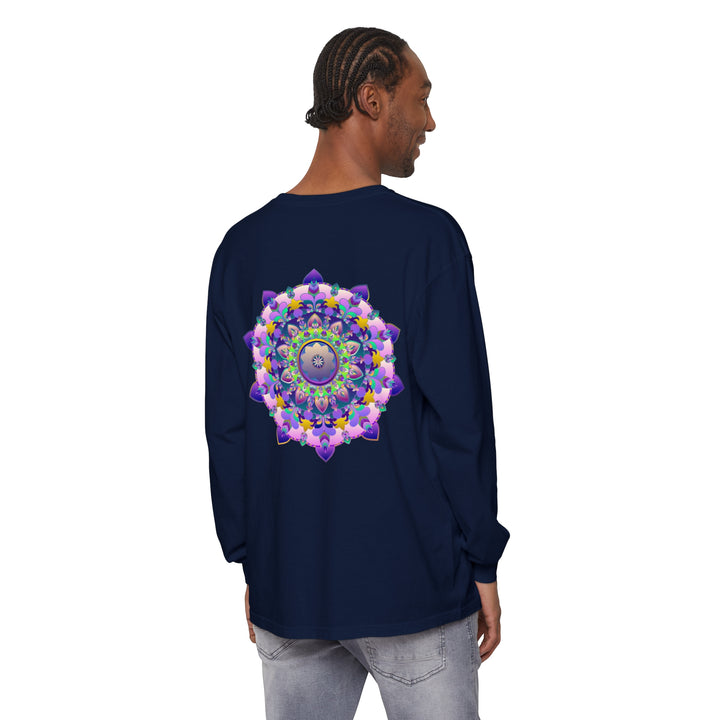 Colorful and intricate mandala design on a unisex long sleeve t-shirt