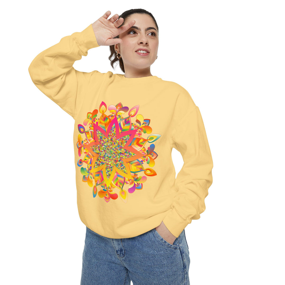 Colorful mandala sweatshirt with intricate geometric patterns and vibrant shades