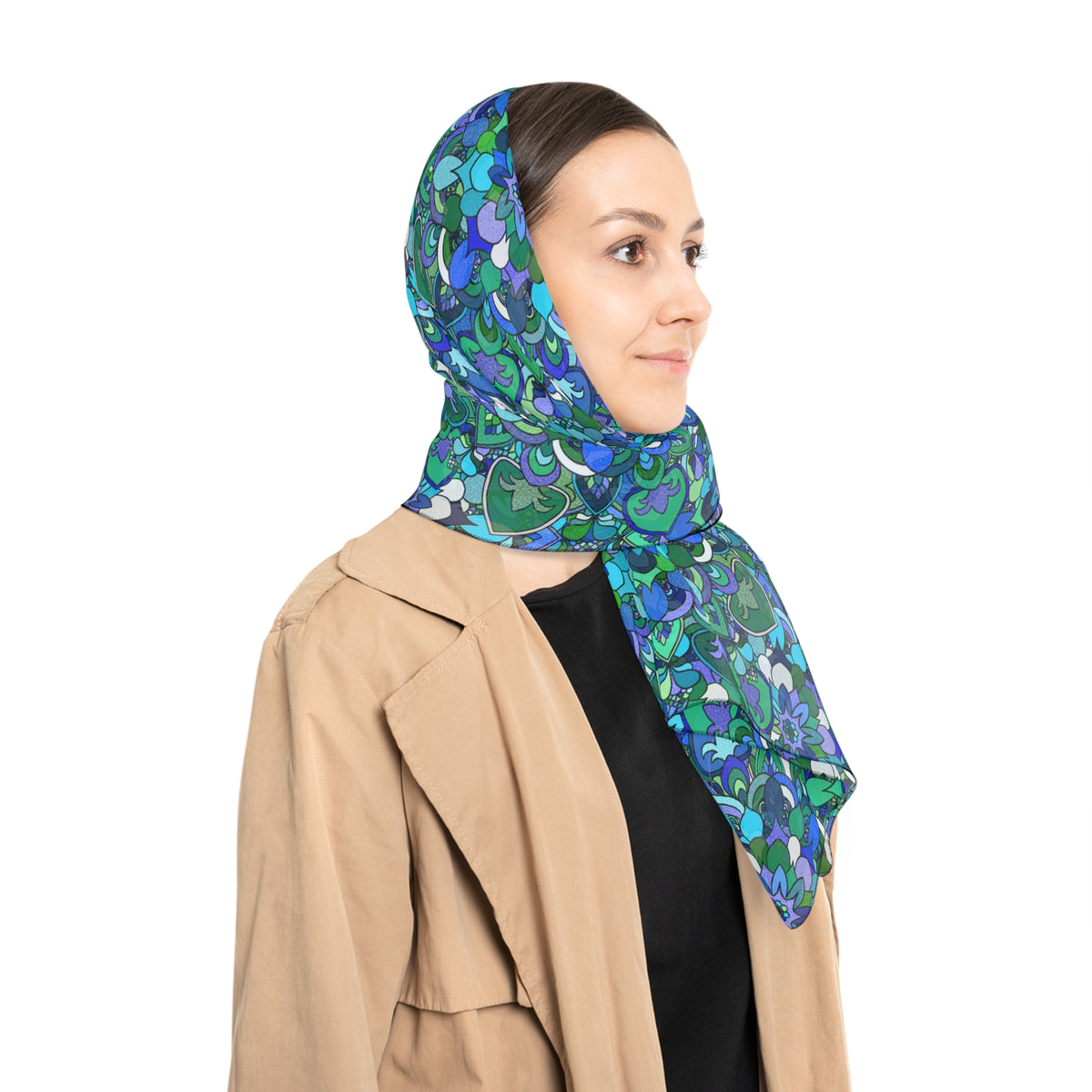 Blau-grüner Schal im Seiden-Look mit Blumenmuster — Leichter Halsschal mit Muster