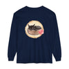 A detailed watercolor illustration of a sleeping cat nestled inside a bowl on a long sleeve t-shirt