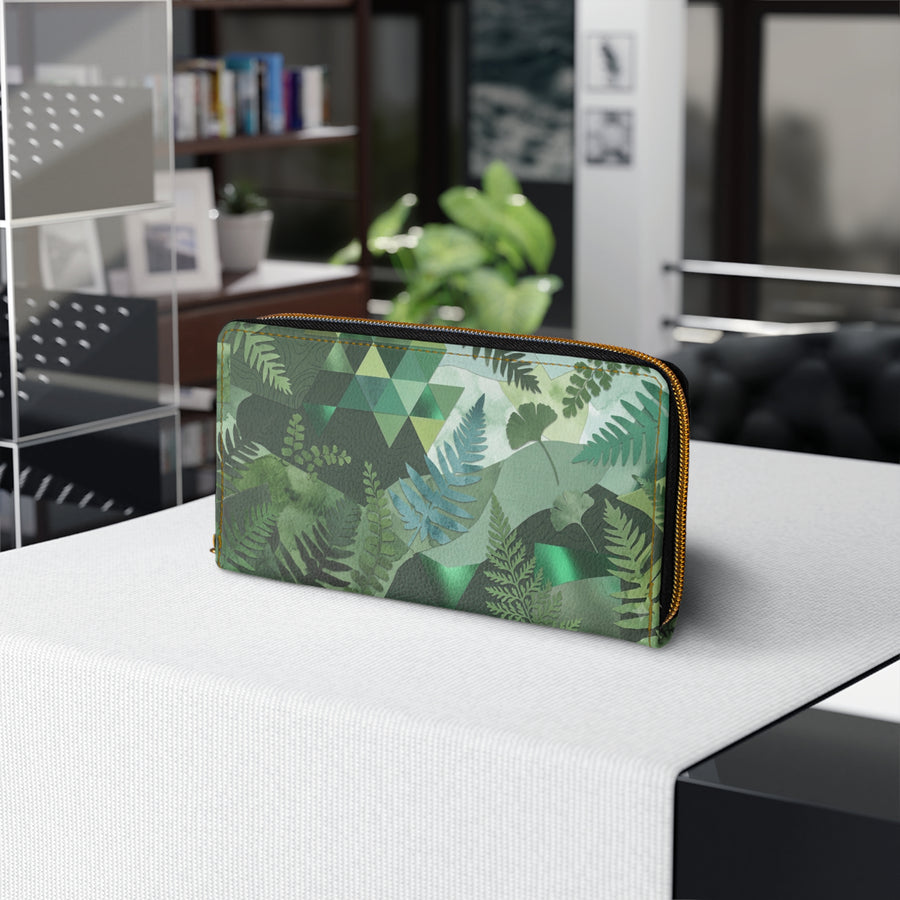 Green Fern Zip Wallet — Botanical Geometric Zippered Wallet