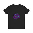 A black cat mystery t-shirt featuring colorful paint splatters and vibrant hues